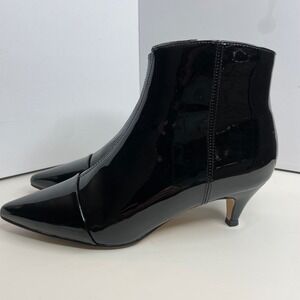 FSJ Black Patent Pointed Cap Toe Kitten‎ Heel Ankle Boots Womens 8 Side Zip